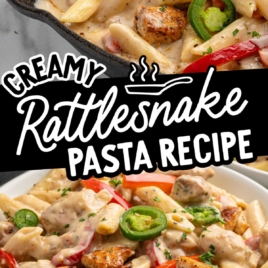 creamy rattlesnake pasta recipe with chicken, penne, jalapeños, and red peppers ready in 30 minutes