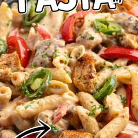 spicy and creamy rattlesnake pasta with chicken, jalapeños, and penne pasta for an easy dinner