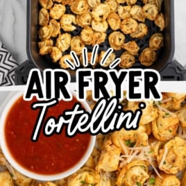 Air fryer tortellini served on a platter with marinara sauce, garnished with Parmesan cheese and parsley.