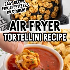 Air fryer tortellini in a fryer basket, golden brown and crispy, alongside a serving plate with marinara sauce.