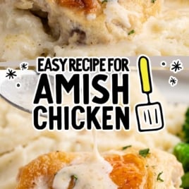 Drizzled Amish chicken thigh over mashed potatoes with overlay text reading "Easy Recipe for Amish Chicken."