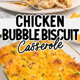 a plate and casserole dish of chicken bubble biscuit bake garnished with parsley