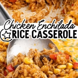 A dual-image collage highlighting the texture and vibrant colors of the chicken enchilada rice casserole, with an emphasis on the cheesy top and wholesome ingredients.