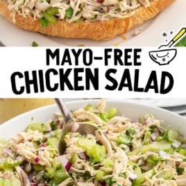 a chicken salad sandwich on a plate and a bowl of chicken salad with a spoon