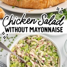 a chicken salad sandwich on a plate and a bowl of chicken salad with a spoon