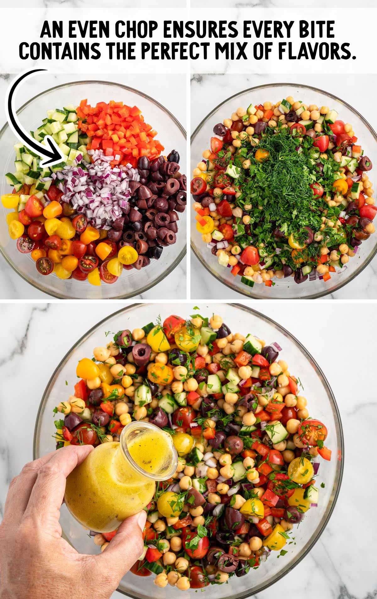 Step-by-step chickpea salad preparation: chopped vegetables and olives in a bowl, mixed with chickpeas and herbs, then drizzled with vinaigrette.