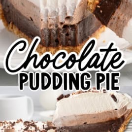 A no-bake Chocolate Pudding Pie with layers of whipped cream and rich chocolate filling nestled in a graham crust, topped with chocolate shavings. Text reads โChocolate Pudding Pieโ and โVintage Recipe!โ on the imageโperfect for anyone looking for a classic Chocolate Pudding Pie Recipe.