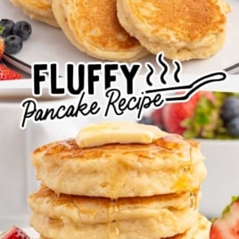 fluffy pancakes stacked on top of each other and topped with a slice of butter and syrup on a plate with fruit