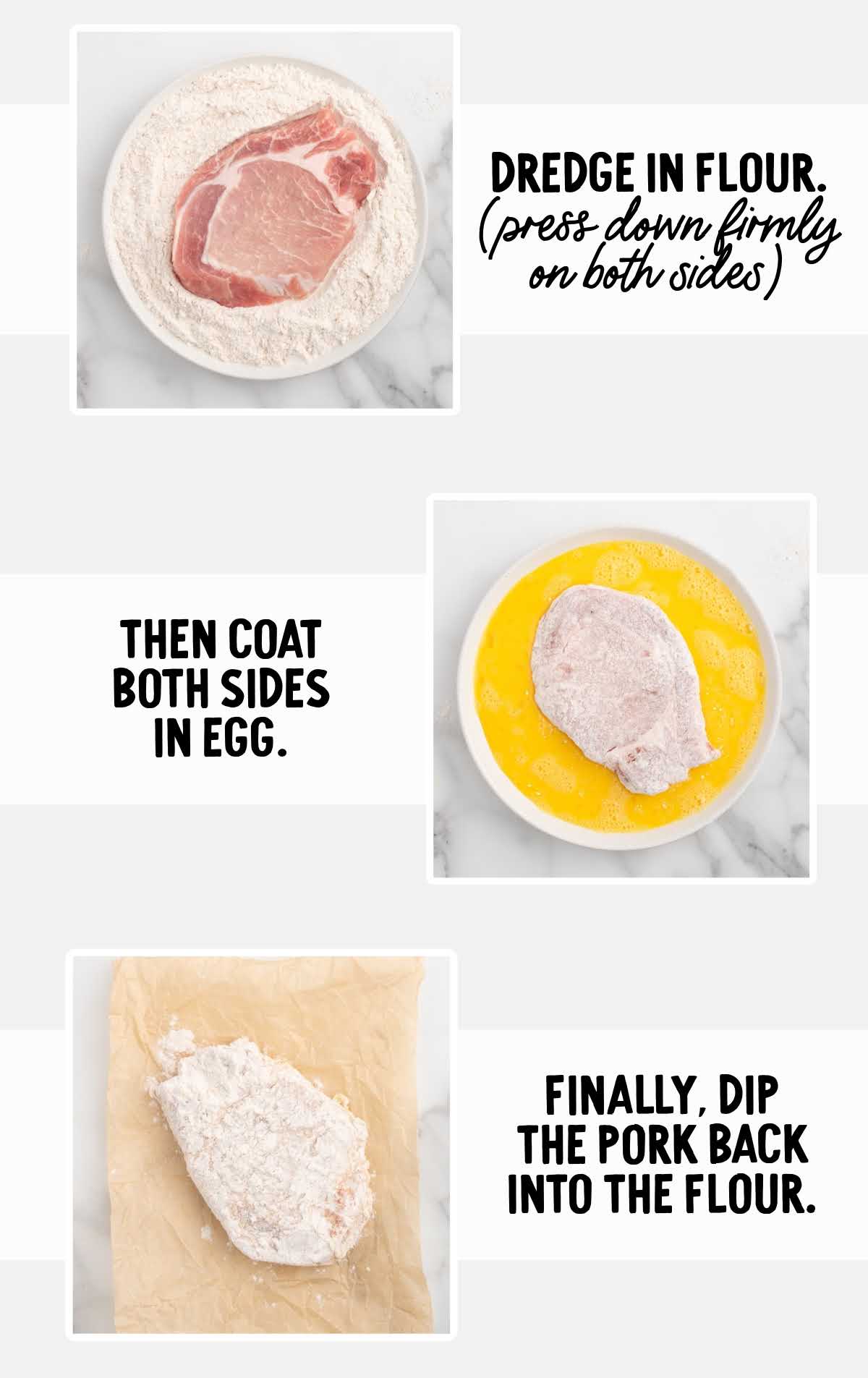 Step-by-step images of coating pork chops in flour, egg, and then flour again.