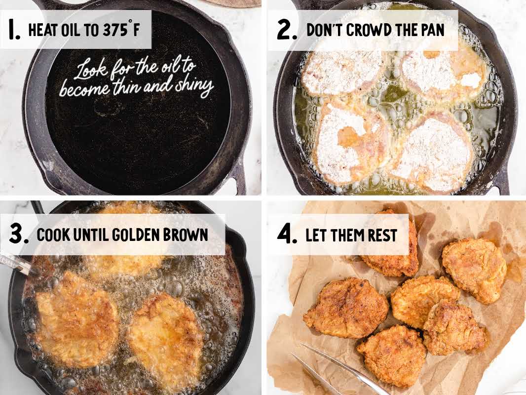 Step-by-step photo guide showing how to fry pork chops: heat oil to 375°F, don’t crowd the pan, cook until golden brown, and let them rest on paper towels.
