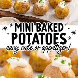 a bunch of mini baked potatoes topped with sour cream and chives