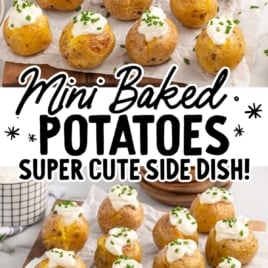 a bunch of mini baked potatoes topped with sour cream and chives