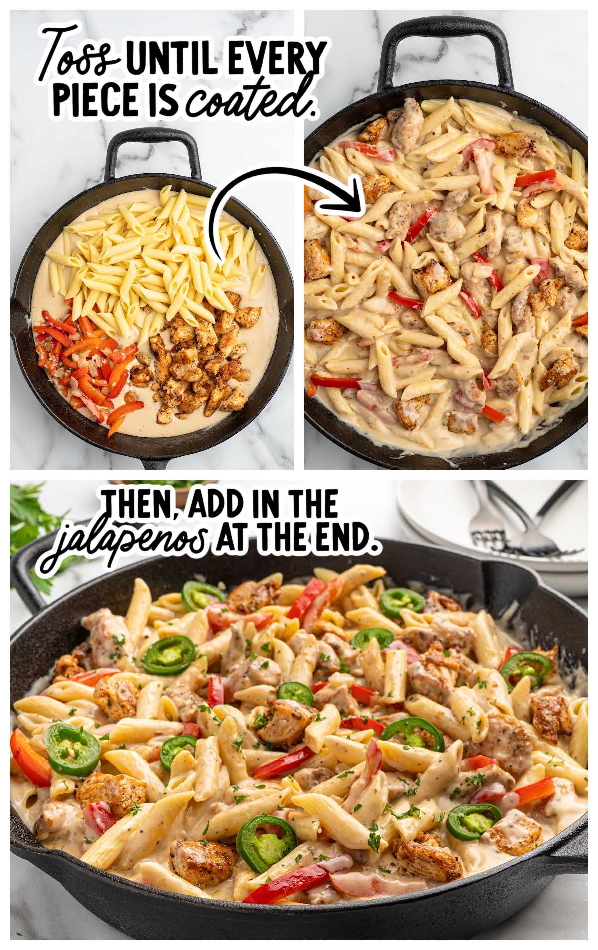 penne pasta tossed with creamy sauce, chicken, and peppers in a skillet with jalape&ntilde;os added at the end