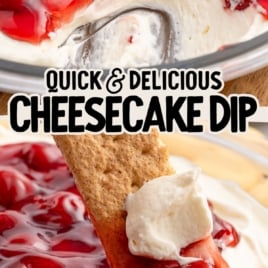 A bowl of cheesecake dip topped with cherry pie filling, with a graham cracker being dipped into the creamy mixture.