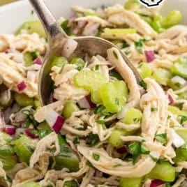 A close-up of chicken salad without mayo, featuring vinaigrette-dressed chicken with celery, red onion, and herbs in a white bowl. A spoon is scooping the salad. Text above reads Vinaigrette Chicken Salad Made Without Mayo!.
