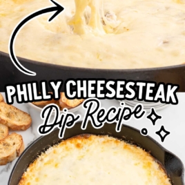 A collage of Philly cheesesteak dip images showcasing the melty cheese texture and creamy filling, overlaid with the text "Philly Cheesesteak Dip Recipe - Cheese Overload!"