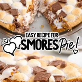 The gooey-est ever s'mores pie with toasted marshmallow topping and chocolate chunks, with a forkful of pie ready to be eaten.