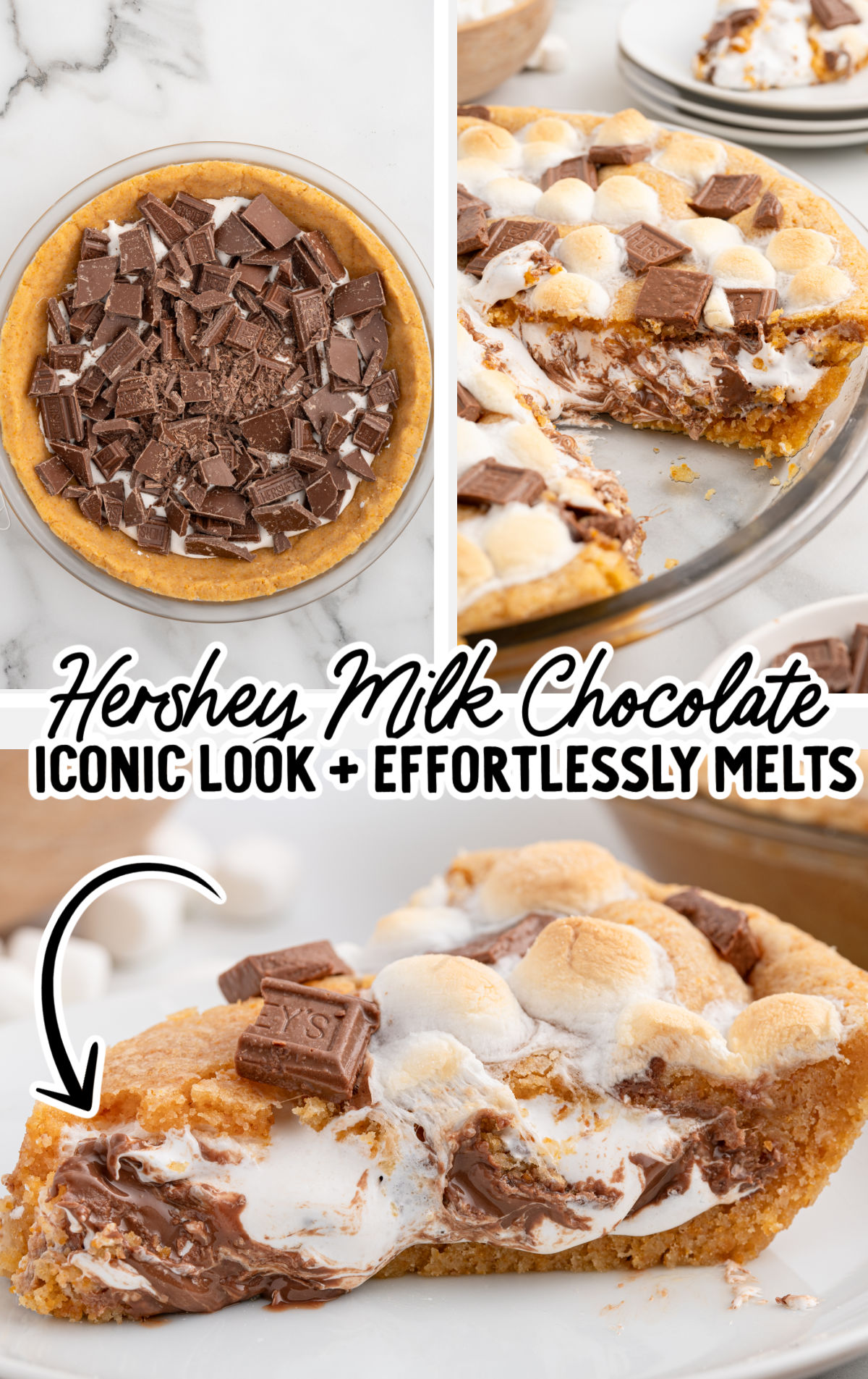 A collage of three images showcasing the use of Hershey milk chocolate in a s’mores pie. The first image shows a graham cracker crust filled with chopped Hershey’s chocolate pieces and marshmallow creme. The second image displays the baked pie with toasted marshmallows and melted chocolate. The third close-up highlights a gooey slice with melted chocolate, toasted marshmallows, and a golden graham cracker crust.