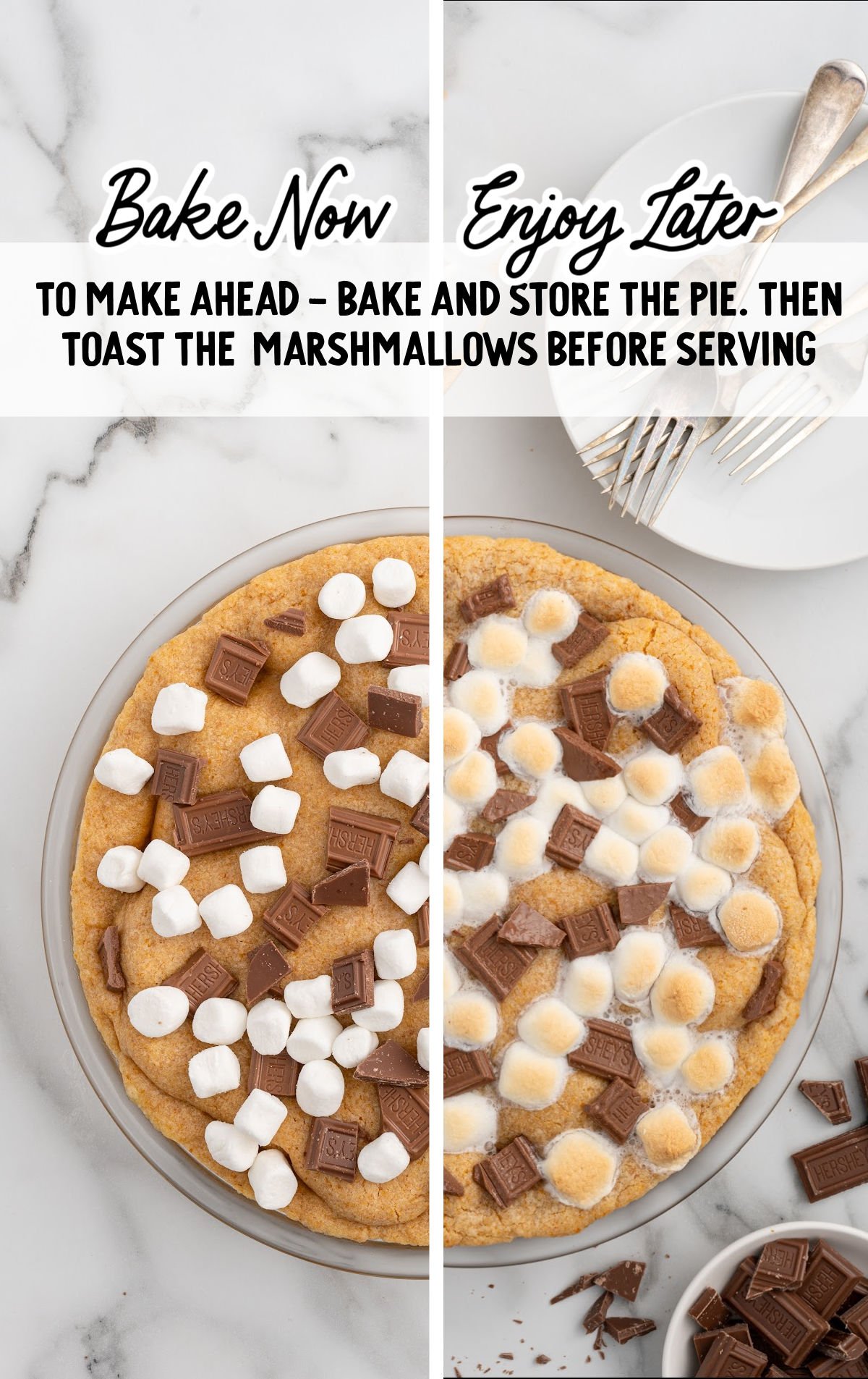 A side-by-side comparison of a s'mores-inspired pie before and after toasting the marshmallows. On the left, the pie has soft mini marshmallows and pieces of Hershey’s chocolate on top. On the right, the marshmallows are golden brown and slightly melted, with softened chocolate pieces.