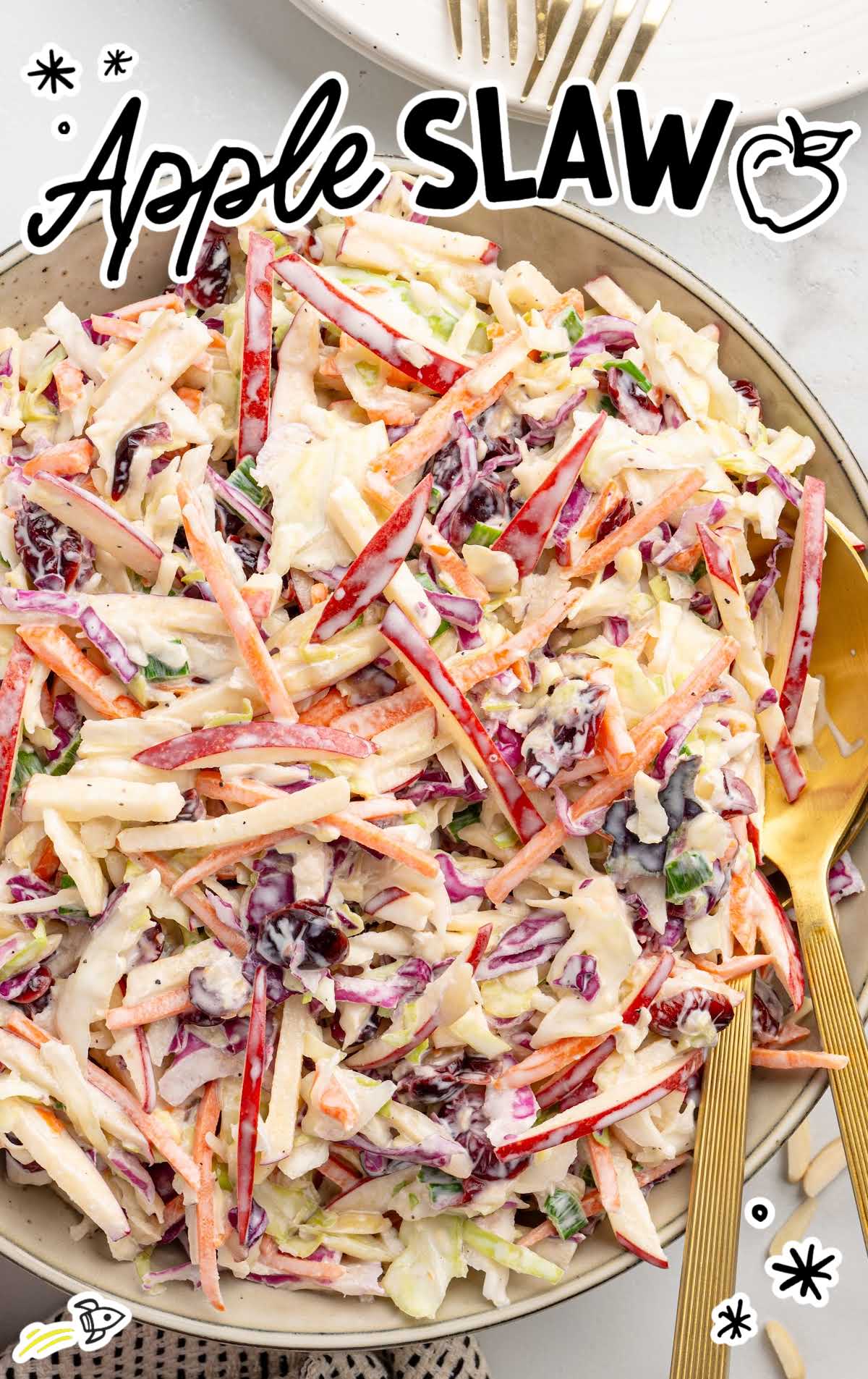 Close-up of colorful apple slaw with julienned apples, shredded cabbage, carrots, and cranberries mixed in a creamy dressing.