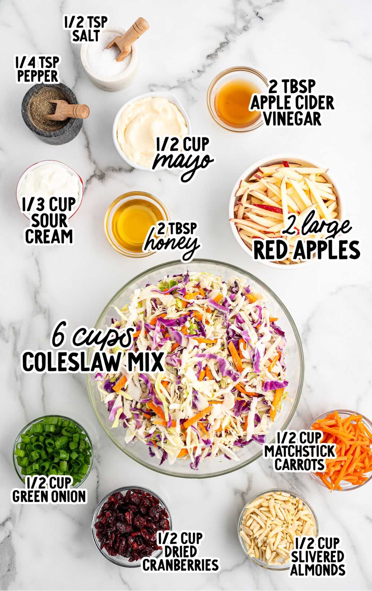 Labeled flat lay of apple slaw ingredients including red apples, coleslaw mix, mayo, sour cream, carrots, cranberries, green onions, almonds, and seasonings.