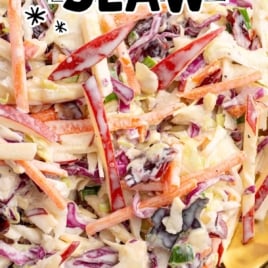 Bowl of creamy apple slaw with text overlay reading “Easy Homemade Apple Slaw – Perfect Blend of Flavors!”