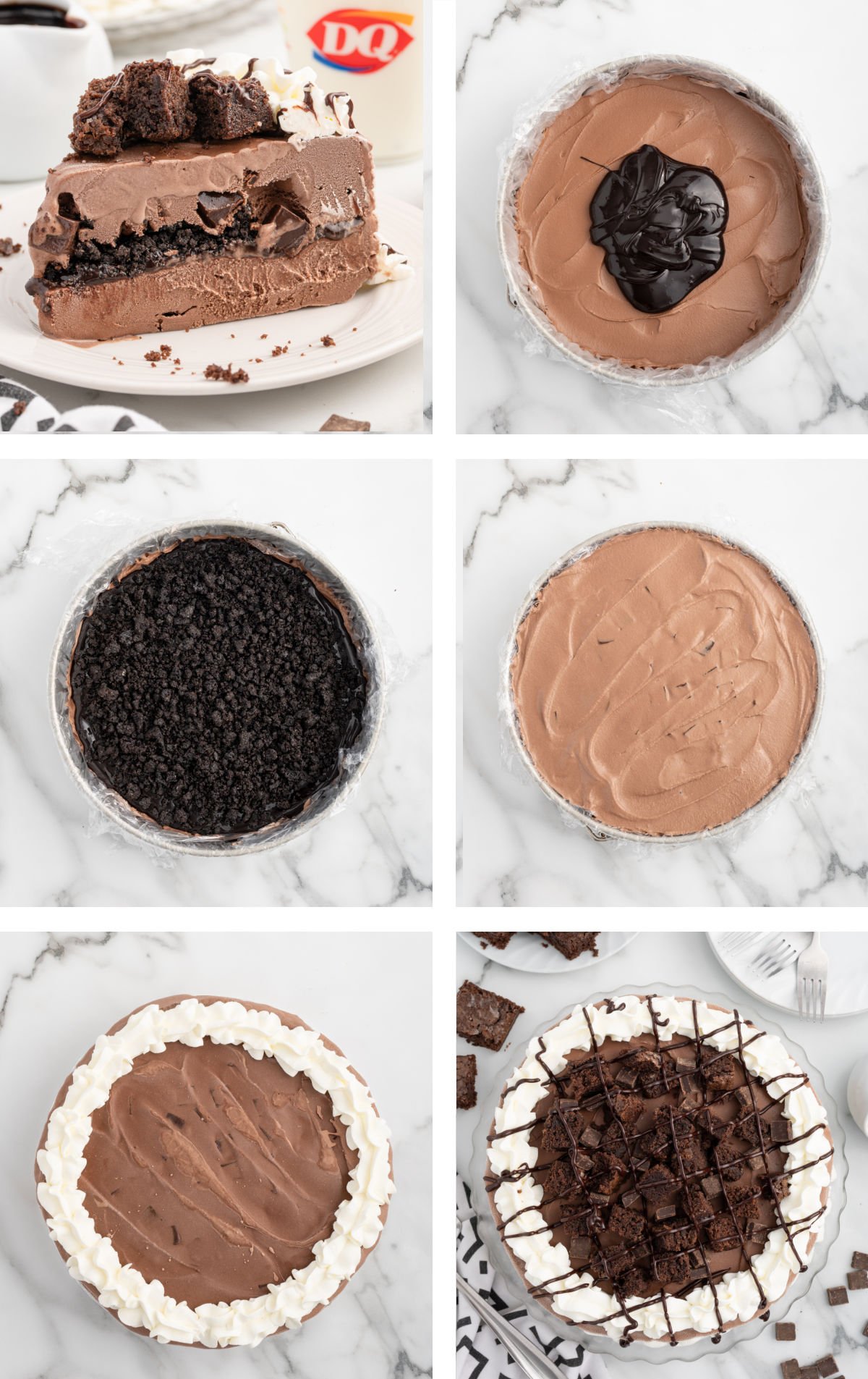 Step-by-step photo collage showing how to make a Dairy Queen copycat chocolate ice cream cake, from layering ice cream, fudge, and cookie crumbs to the finished cake topped with whipped cream, brownie chunks, and chocolate drizzle.
