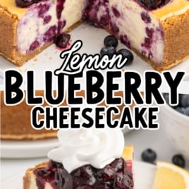 A Lemon Blueberry Cheesecake with a piece served from it, and a piece on a plate with plenty of blueberry sauce and whipped cream.