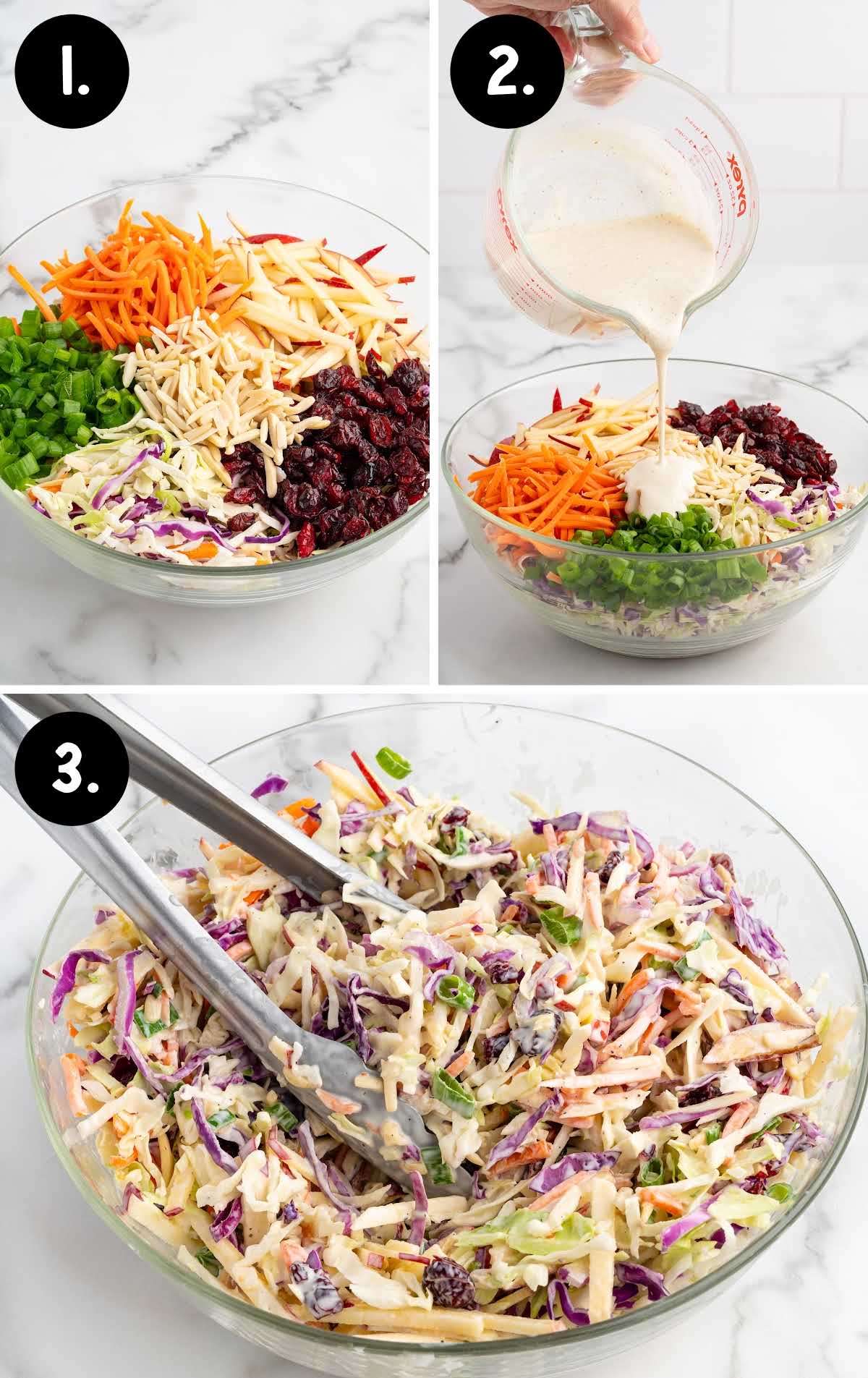 Step-by-step process shots of making apple slaw in a glass bowl, from ingredients to mixing in creamy dressing.
