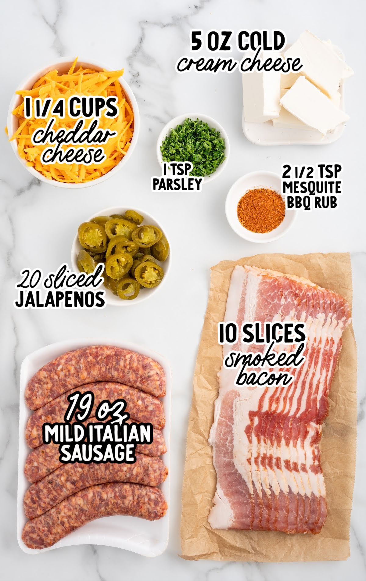 raw ingredients that are labeled for Sausage Popper Boats