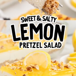 A slice of Lemon Pretzel Salad on a white plate and a fork lifting up a bite of the dessert.