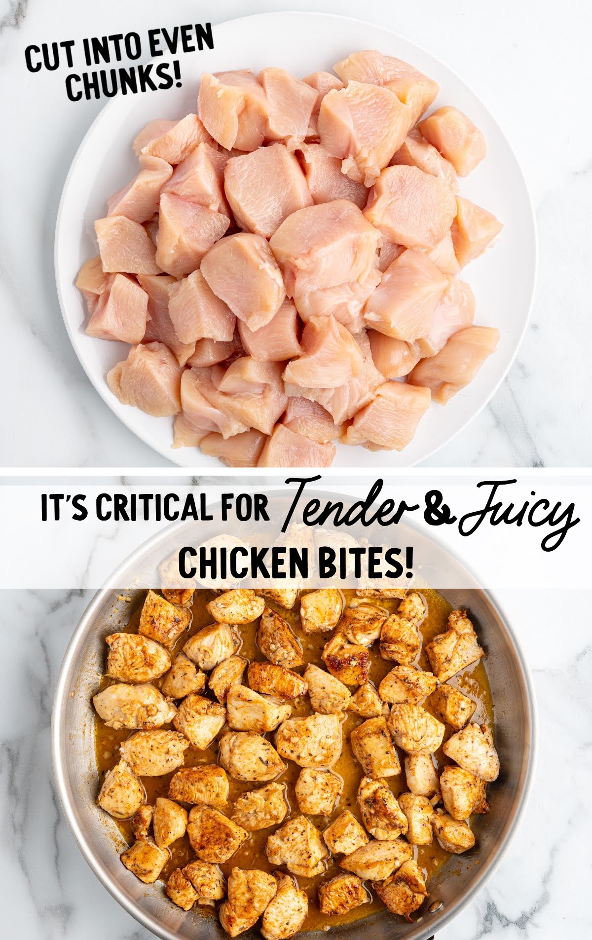 Raw chicken breast chunks on a white plate and cooked garlic butter chicken bites in a skillet with text overlay about cutting evenly for tenderness.