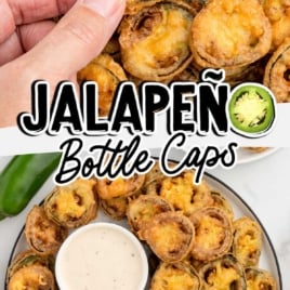 Hand dipping a crispy jalapeño bottle cap into ranch dressing with a plate of fried jalapeño slices in the background