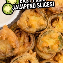 Overhead view of fried jalapeño bottle caps with text overlay reading 'Easy Fried Jalapeño Slices'