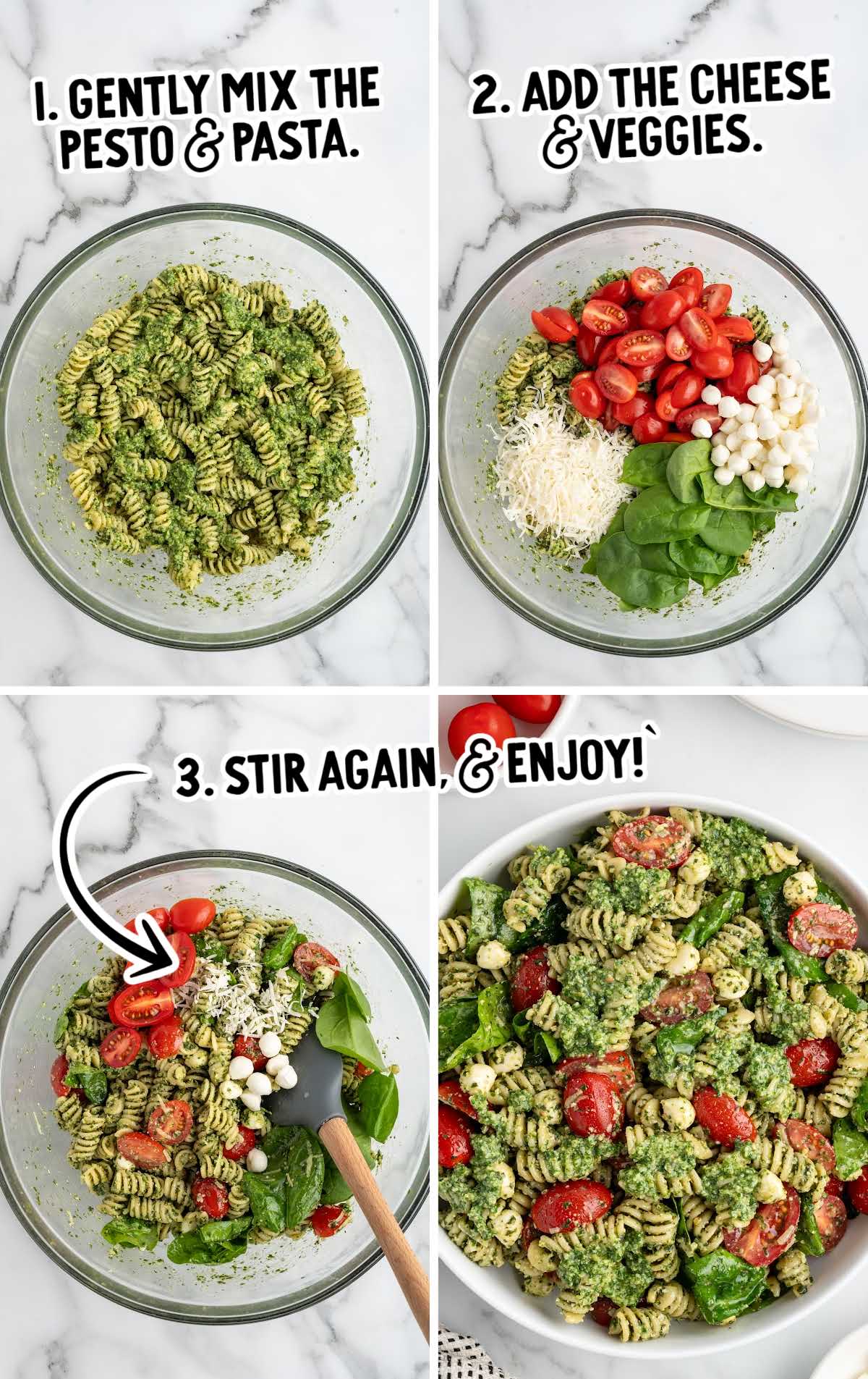 Step-by-step process collage for making pesto pasta salad—mixing pasta and pesto, adding cheese and veggies, and final stir.