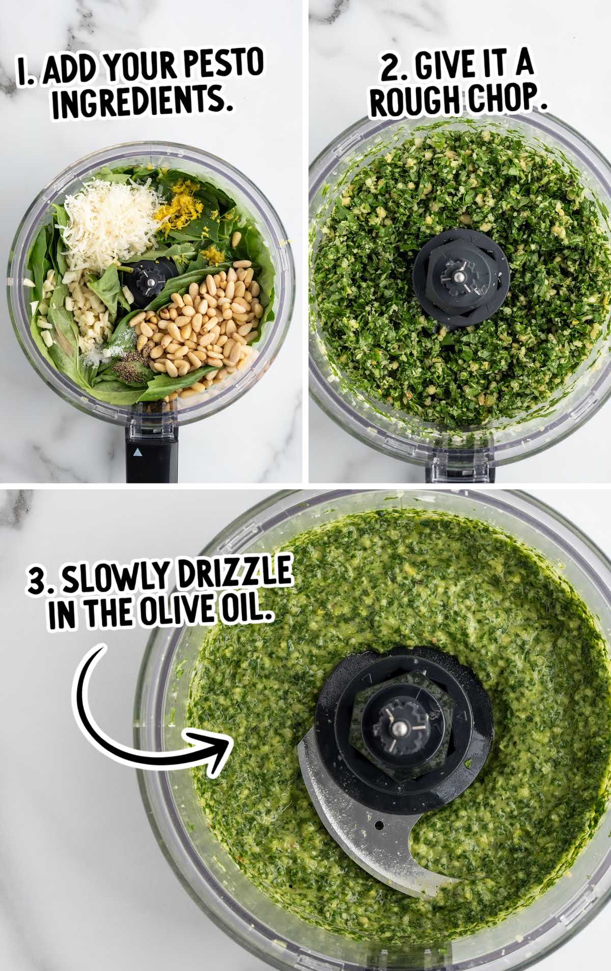 Step-by-step image instructions for making pesto, including ingredients in food processor, chopped basil mix, and final blended pesto sauce.