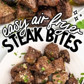 Easy air fryer steak bites arranged on a plate with a cup of butter sauce, text overlay for Pinterest sharing