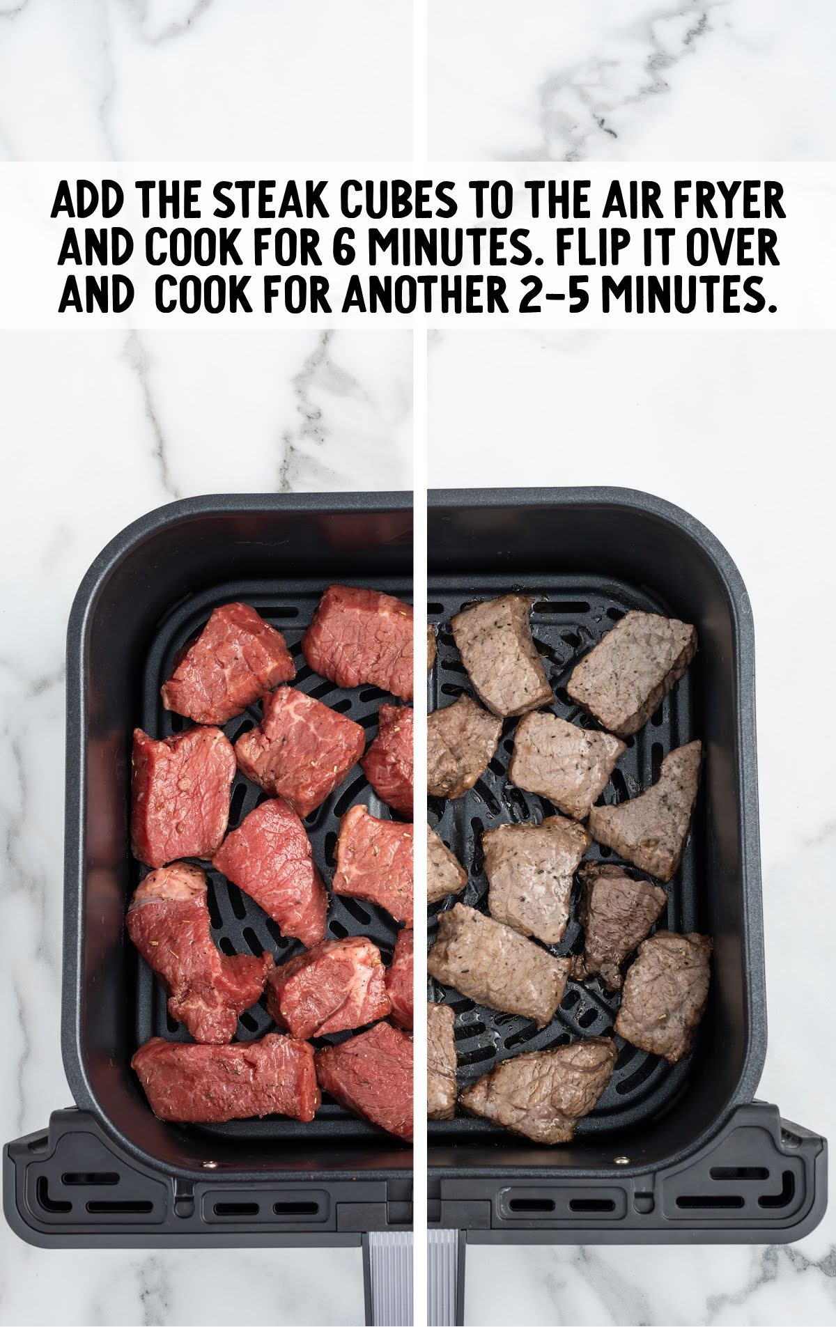 steak cubes being cooked in a air fryer