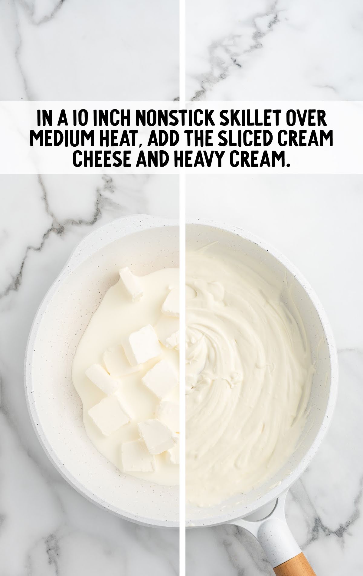 cream cheese and heavy cream added to a skillet