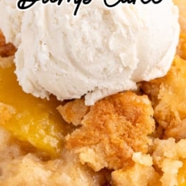 Pinterest image with text "Easiest Peach Dump Cake – Just Dump & Bake, Literally No Work!" showing peach dump cake topped with vanilla ice cream.