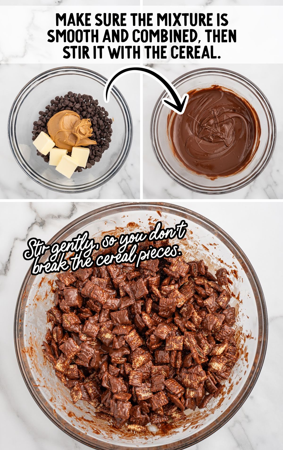 butterfinger mixture stirred in with the cereal in a bowl