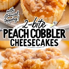 Mini cheesecakes on a plate with golden streusel topping and peach slices, one with a bite revealing the creamy filling, labeled with recipe title and highlights.