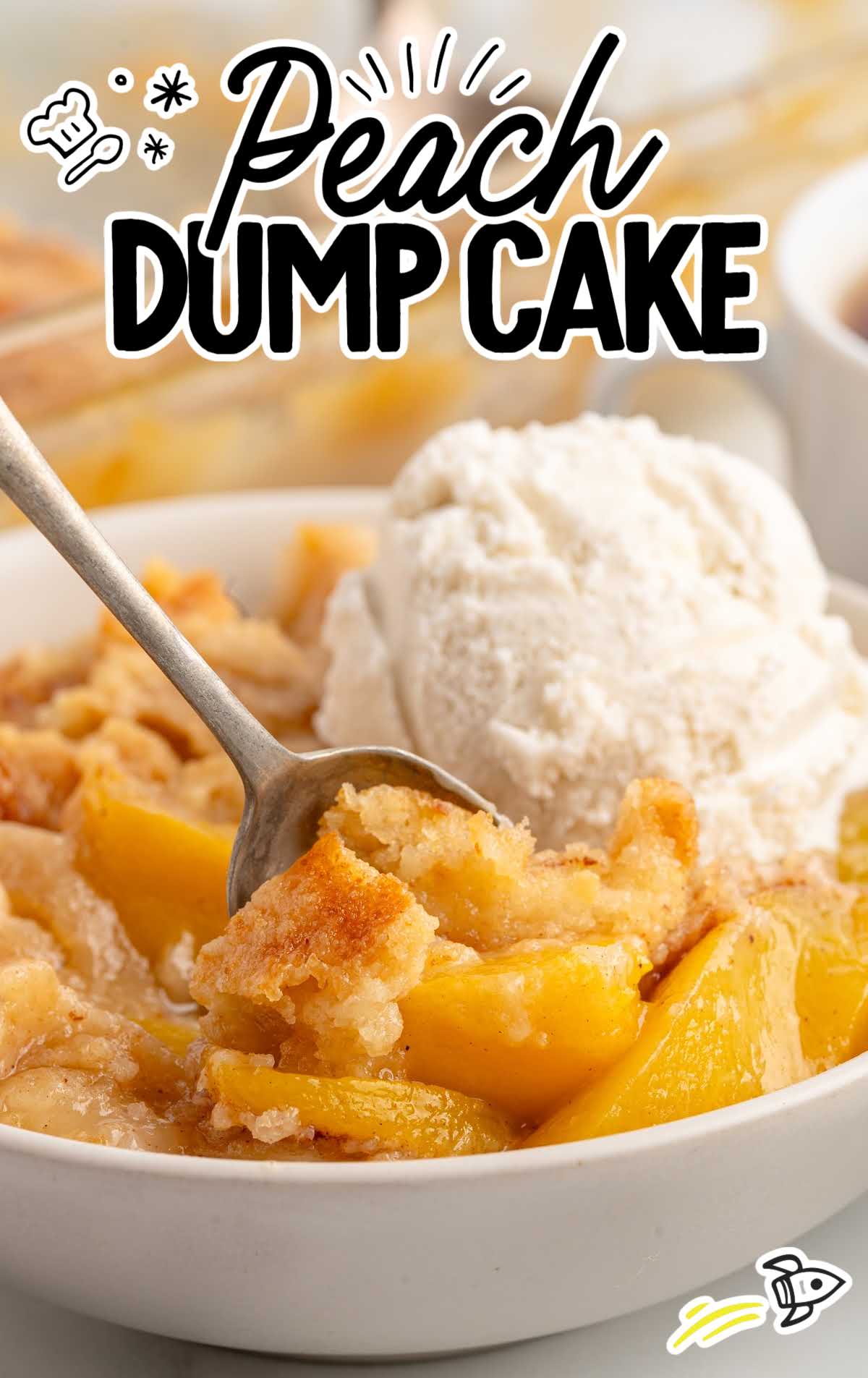Close-up of peach dump cake in a bowl with vanilla ice cream and a spoonful being lifted.