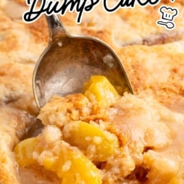 Pinterest graphic with text overlay "Easiest Peach Dump Cake – Perfect Summer Dessert!" above a close-up of warm peach dump cake in a baking dish.