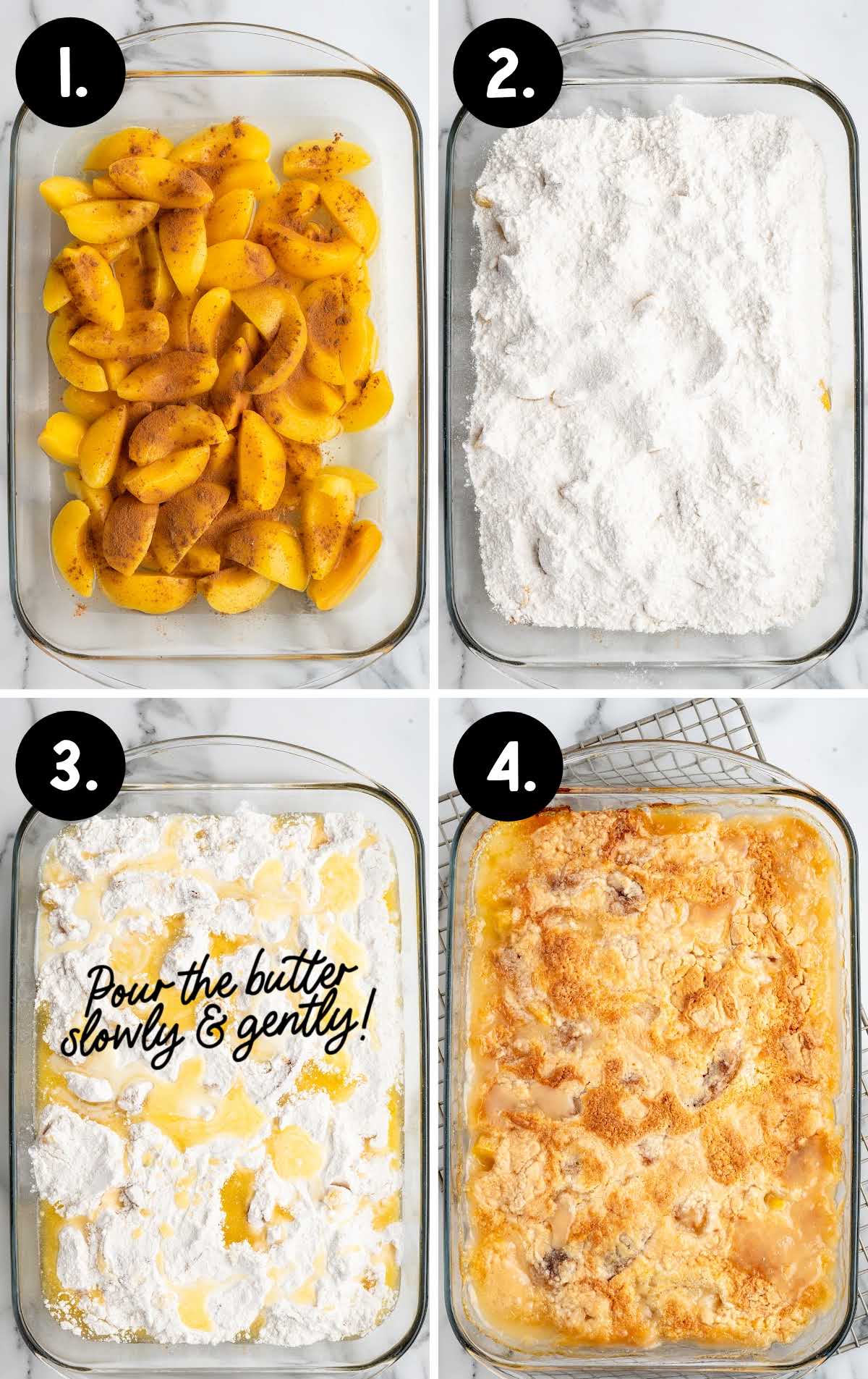 Four-step process photo of making peach dump cake, including layering peaches, dry cake mix, melted butter, and the finished baked cake.