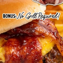 Graphic showing a pineapple bacon burger with text overlay reading “Pineapple Bacon Burger – Bonus: No Grill Required!”