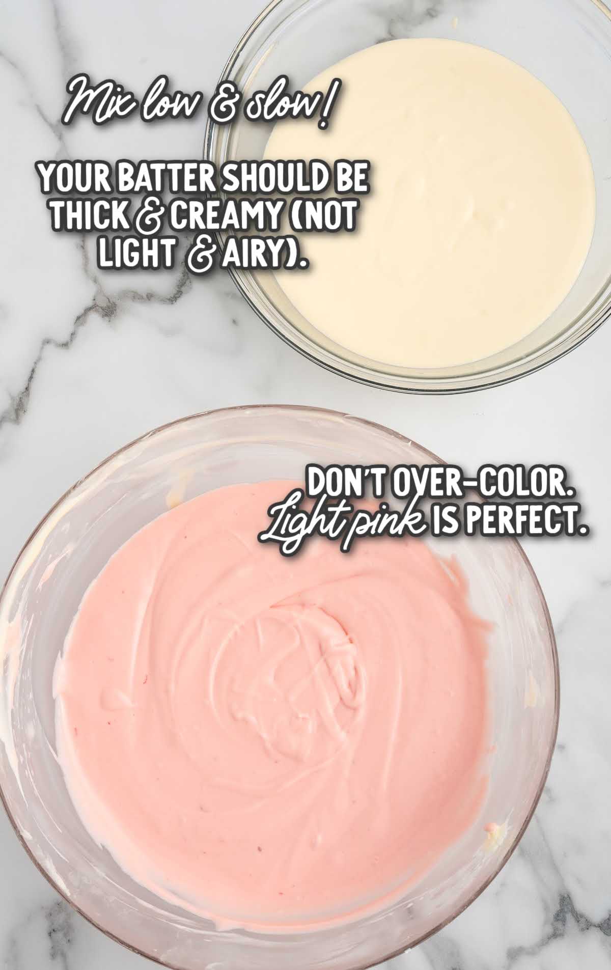 Two bowls of cheesecake batter, one plain and one light pink strawberry batter, showing thick and creamy texture.
