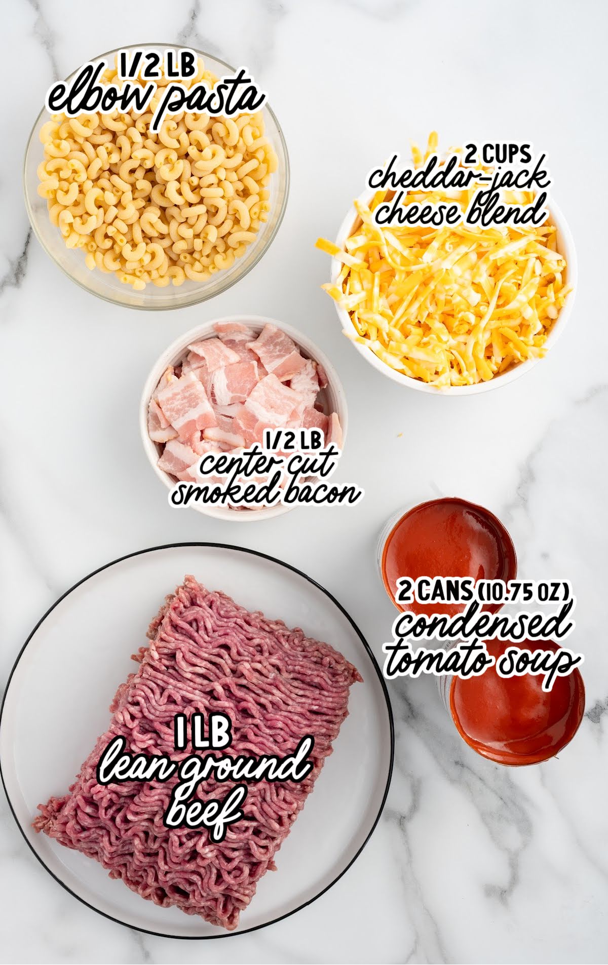Bacon Cheeseburger Pasta raw ingredients that are labeled