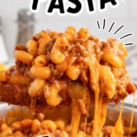 Text overlay graphic showing cheesy bacon cheeseburger pasta on a spoon with caption "The easiest dinner you’ll ever make!"