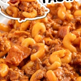 Graphic featuring bacon cheeseburger pasta on a plate with fork and text “Easy one-pan dinner!”